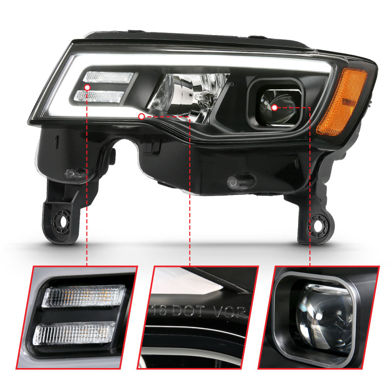 ANZO 2017-2018 Jeep Grand Cherokee Projector Headlights w/ Plank Style Switchback - Black w/ Amber 111418