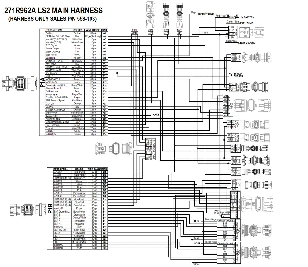 GM LS2/3/7 (58x crank sensor) with USCAR (EV6 Style) connectors on injector harness, Includes Bosch Oxygen Sensor