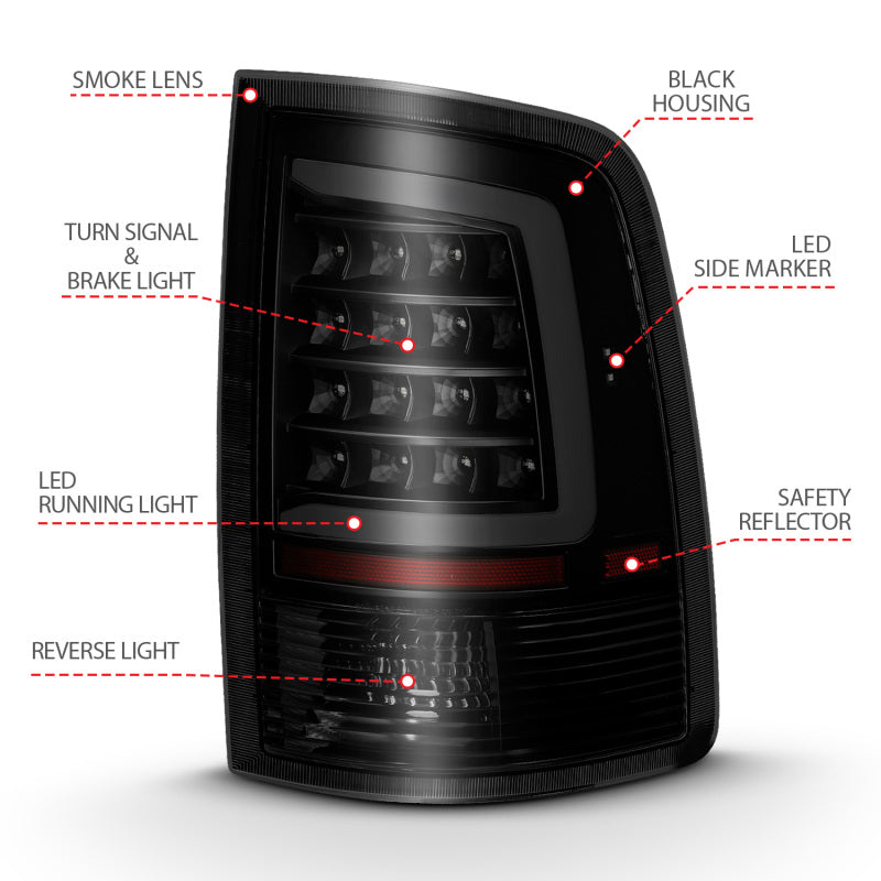 ANZO 2009-2018 Dodge Ram 1500 LED Taillight Plank Style Black w/Smoke Lens 311319