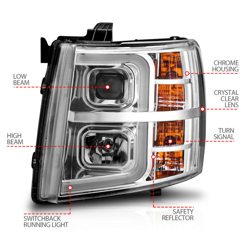 ANZO 2007-2013 Chevrolet Silverado 1500 Projector w/ Light Bar Chrome Housing w/ Sequential 111546