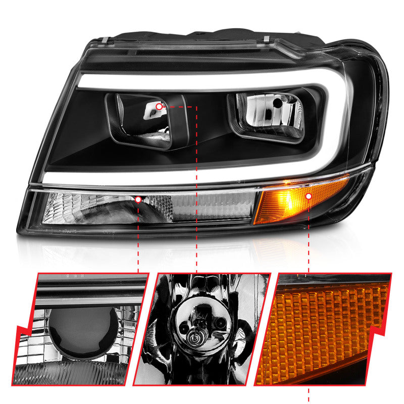 ANZO 99-04 Jeep Grand Cherokee Crystal Headlights - w/ Light Bar Black Housing 111537