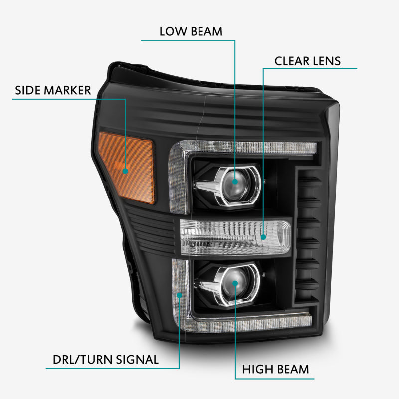 AlphaRex 11-16 Ford F-350 SD LUXX LED Proj Headlights Plank Style Black w/Activ Light/Seq Signal 880146