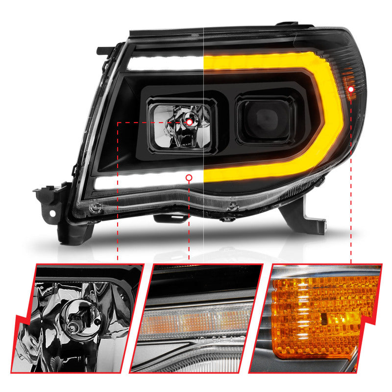 ANZO 05-11 Toyota Tacoma Projector Headlights w/Light Bar Switchback Black Housing 111564