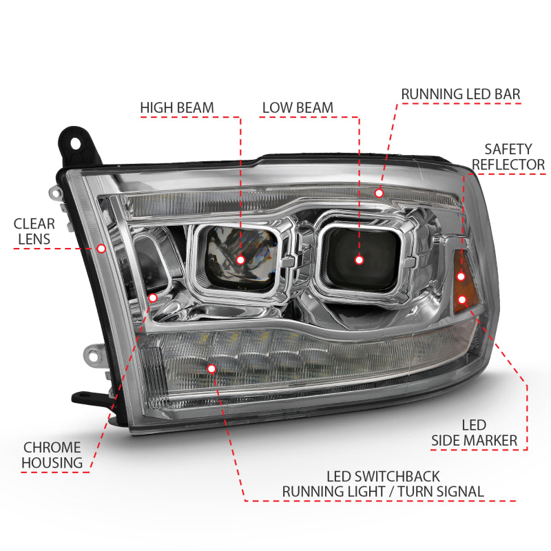 ANZO 2009-2018 Dodge Ram 1500 Projector H.L. Switchback Chrome Amber 111442
