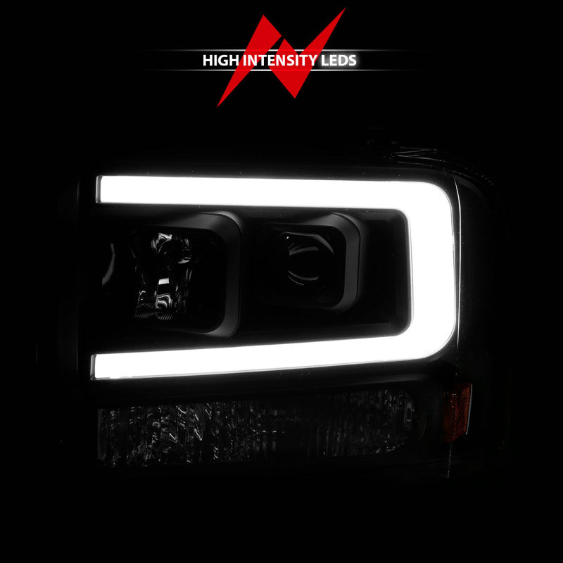 ANZO 99-04 Ford F250/F350/F450/Excursion (excl 99) Projector Headlights - w/ Light Bar Black Housing 111551