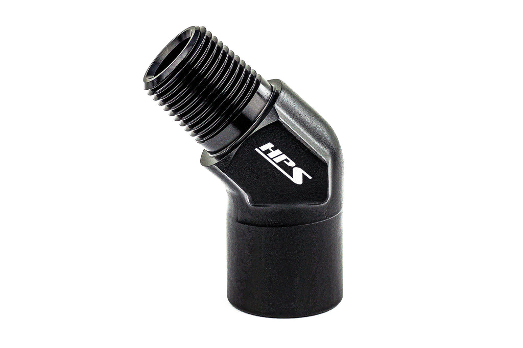 HPS Performance 45-90 Degree 1/2''-3/8'' NPT Male To Female Adapter, Aluminum, Black