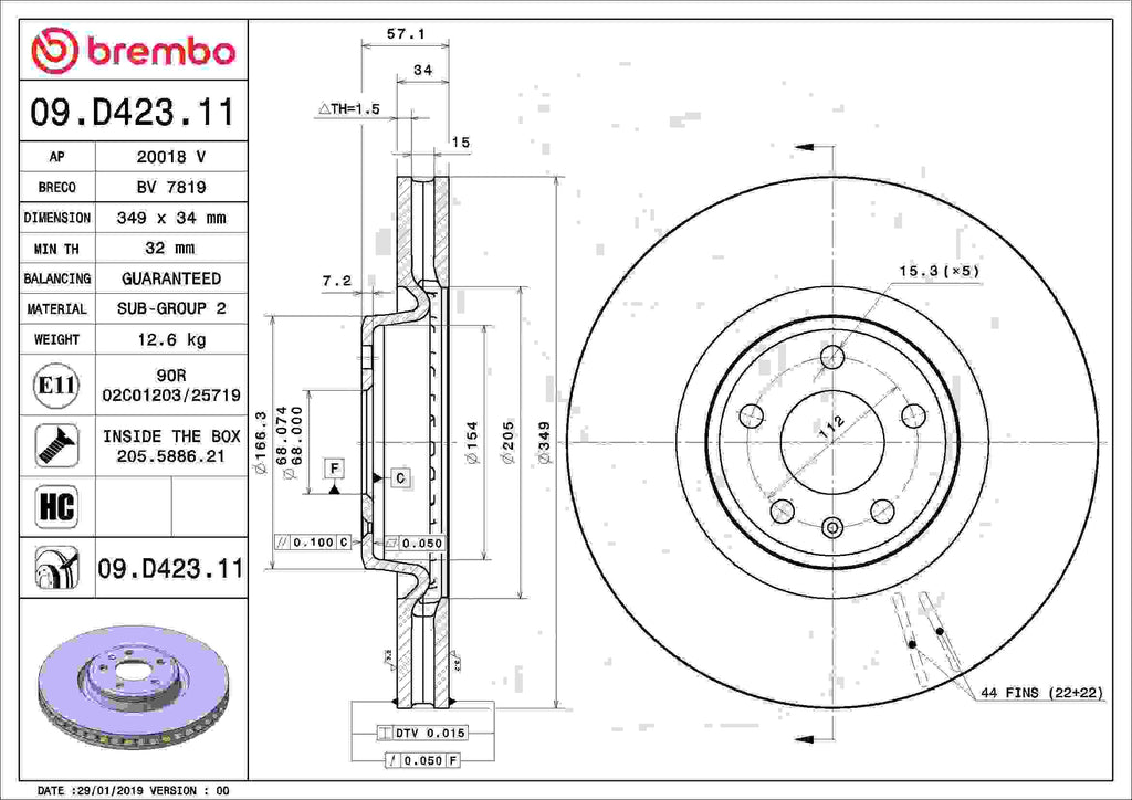 Brembo OE Brembo 20-21 Cadillac CT5/16-19 Cadillac CT6/14-15 Cadillac CTS/16-21 Camaro Front UV Coated Rotor 09.D423.11