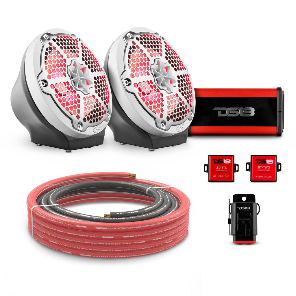 8" Loaded Flat Mount Speaker Pods with Amplifier, Installation Kit and RGB LED Lights, Package for Can-Am Spyder & Ryker