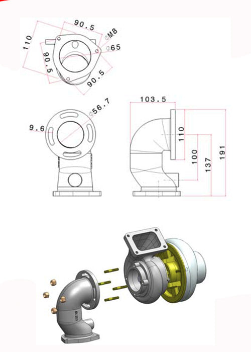 Cast iron turbocharger downpipe 90Â° 2 1/2" T3 4 bolts