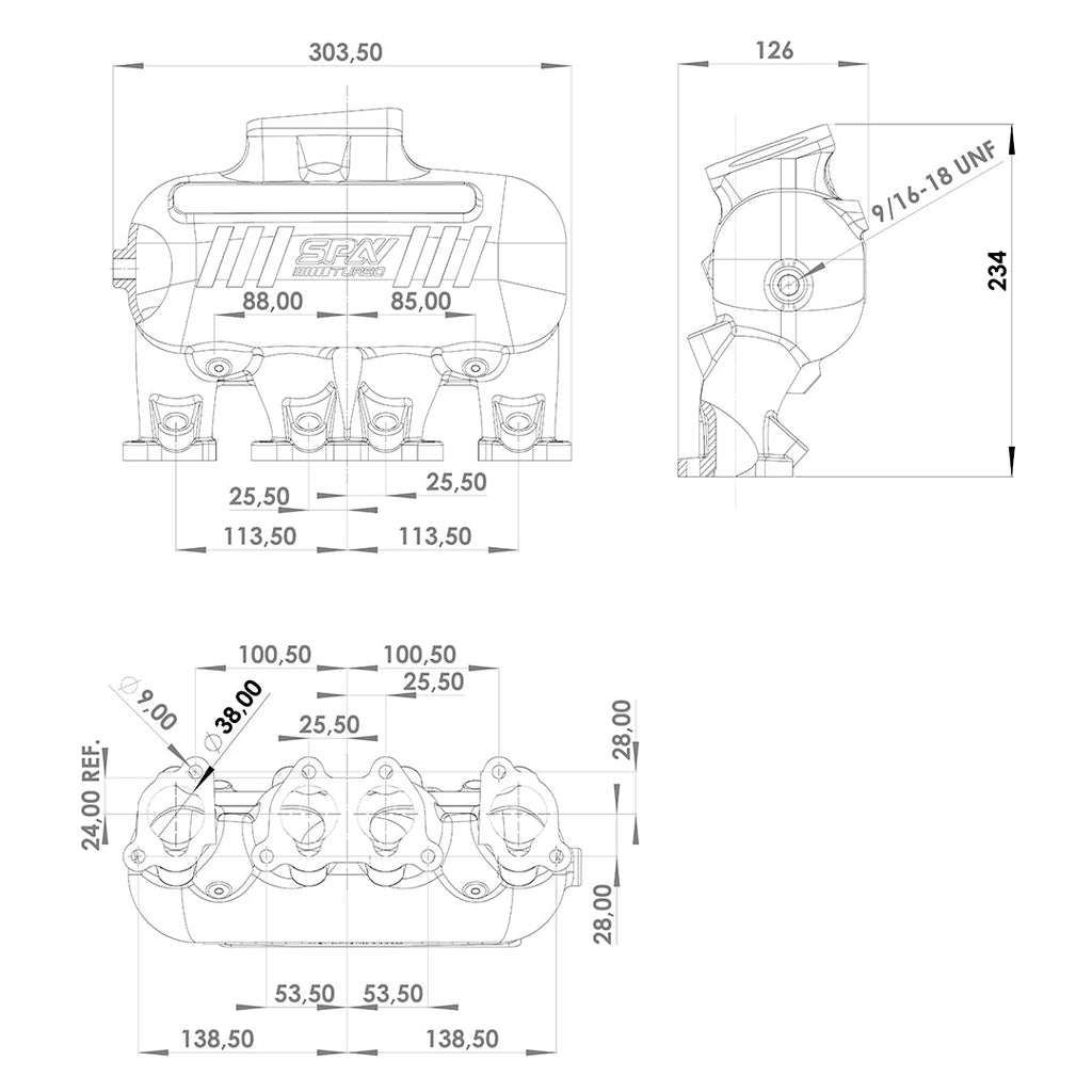 INTAKE MANIFOLD VW 8V CROSS FLOW LONGITUDINAL - 8 INJECTORS - WITHOUT BOLT HOLES