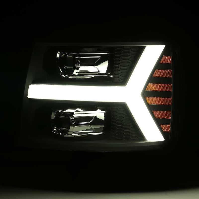 AlphaRex 07-13 Chevy 1500 LUXX LED Proj Headlights Plank Style Jet Blk w/ Activ Light/Seq Signal/DRL 880223