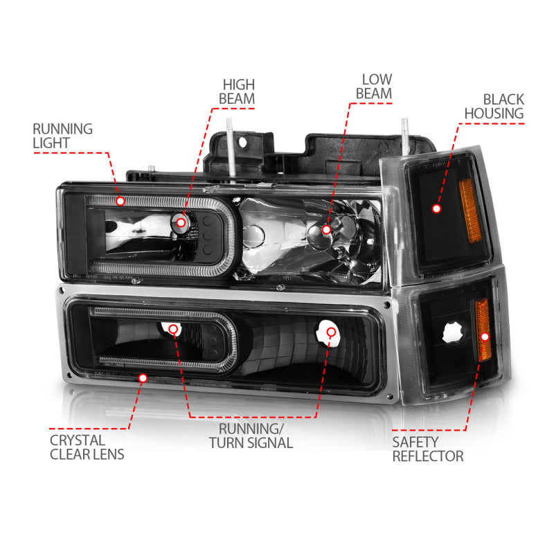 ANZO 88-98 Chevrolet C1500 Crystal Headlights w/ Light Bar Black Housing w/ Signal Side Markers 8Pcs 111528