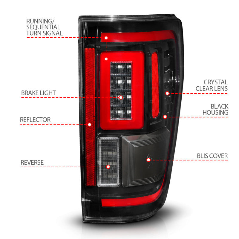 ANZO 21-23 Ford F-150 LED Taillights Seq. Signal w/BLIS Cover - Black (For Factory Halogen ONLY) 311475
