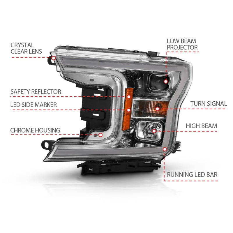 ANZO 2018-2019 Ford F-150 Projector Plank Style H.L. Chrome Amber (Without Switchback) 111468