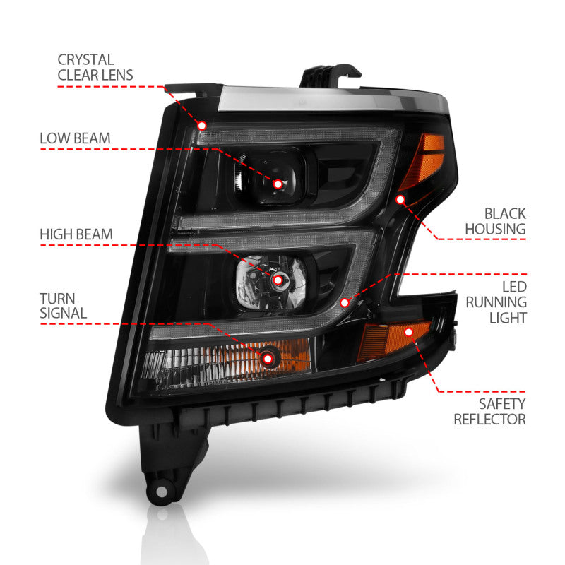 ANZO 2015-2020 Chevy Tahoe Projector Headlights Plank Style Black w/DRL 111492