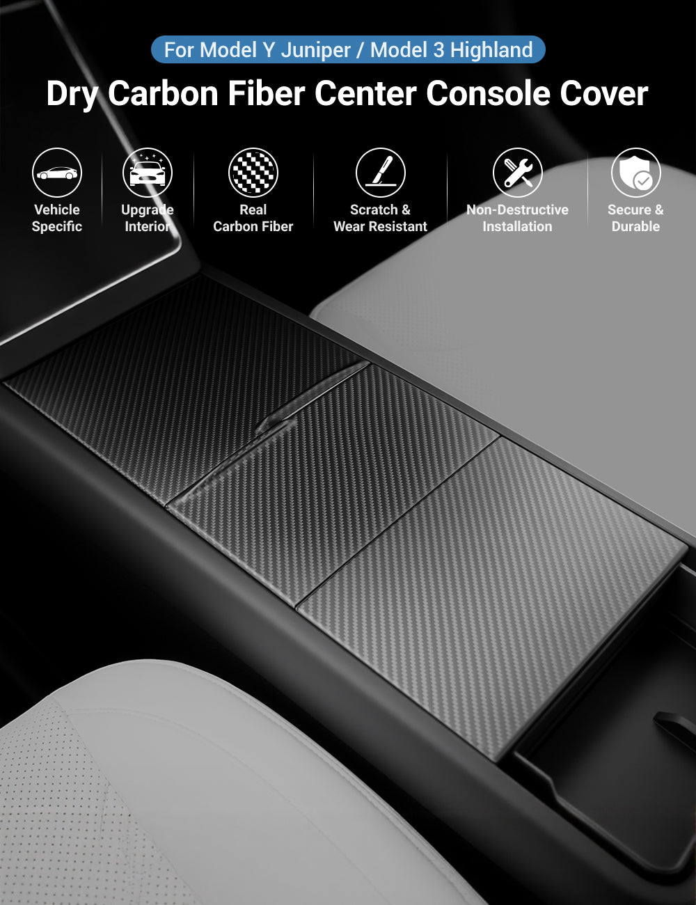 Dry Carbon Fiber Center Console Cover For Model Y Juniper / Model 3 Highland