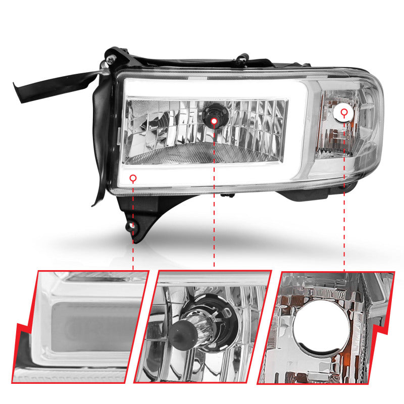 ANZO 94-02 Dodge RAM Crystal Headlight - w/ Light Bar Chrome Housing 111555
