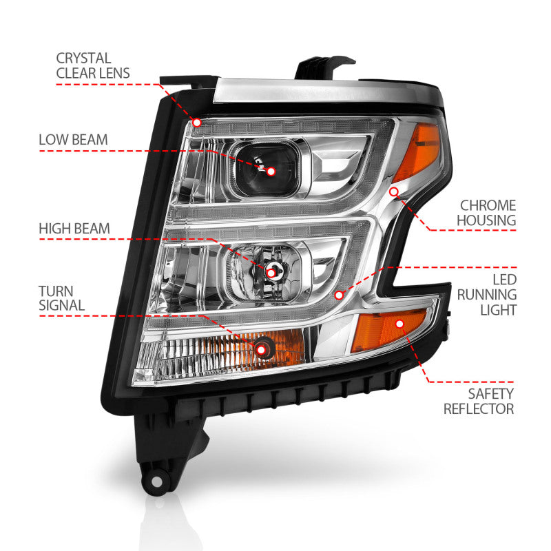 ANZO 2015-2020 Chevy Tahoe Projector Headlights Plank Style Chrome w/DRL 111493