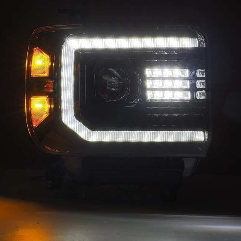 AlphaRex 14-18 GMC Sierra LUXX LED Proj Headlights Plnk Style Alpha Blk w/Activ Light/Seq Signal/DRL 880614