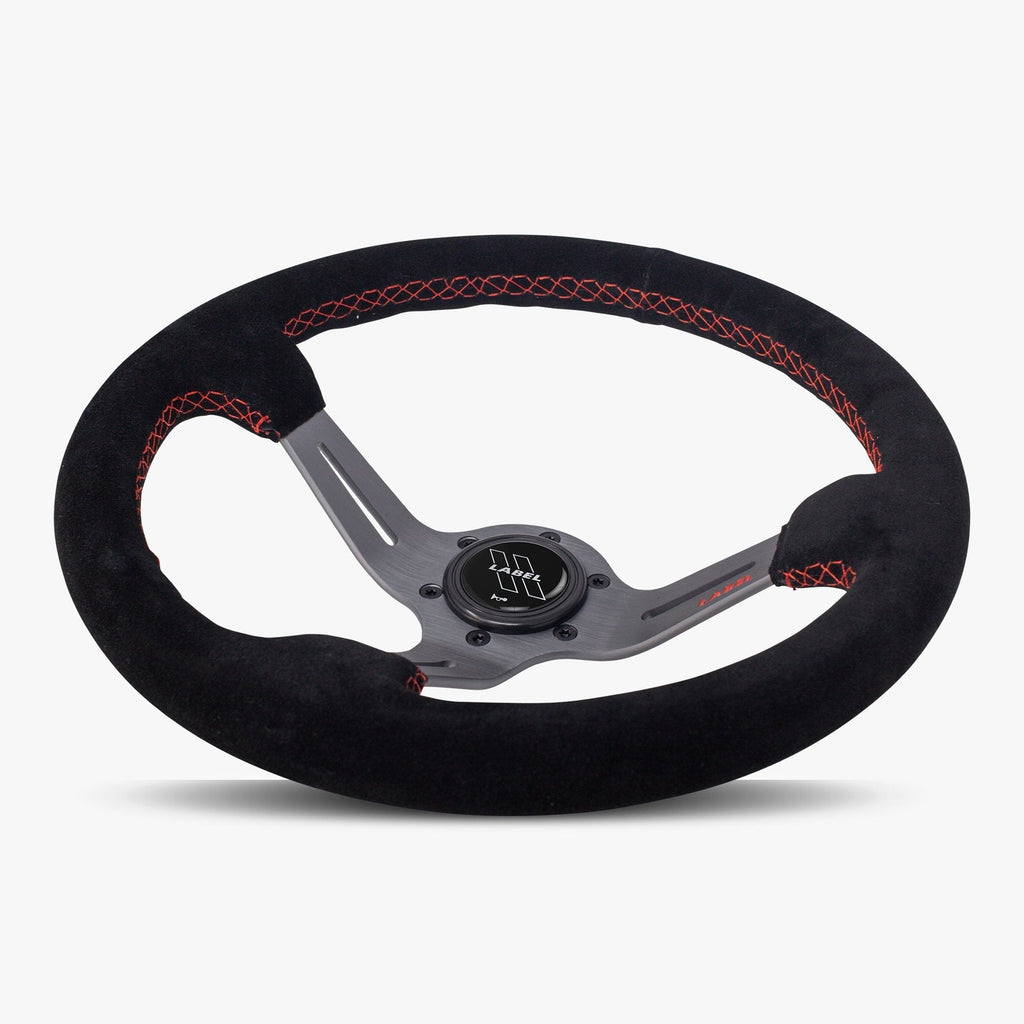 The Le Mans | Black Alcantara Suede | Graphite Spoke | Red Stitch