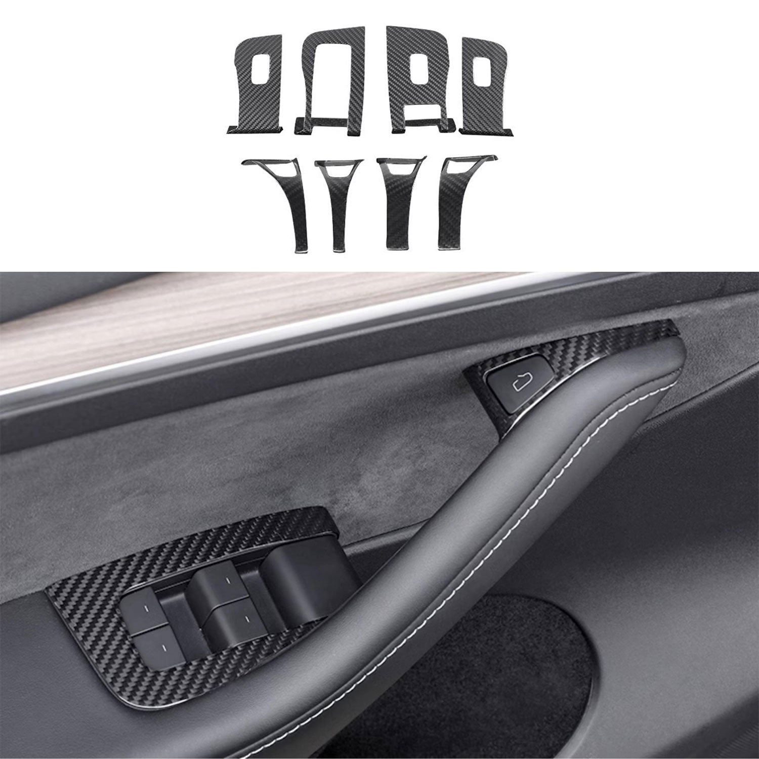 Dry Carbon Fiber Window & Door Switch Covers for Model Y / Model 3 Highland（Left Hand Drive）